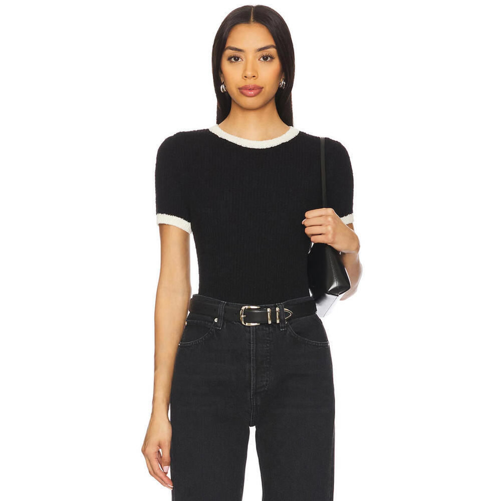Robertson & Rodeo S Women Black White Trim Short Sleeve Top Small Ribbed Knit